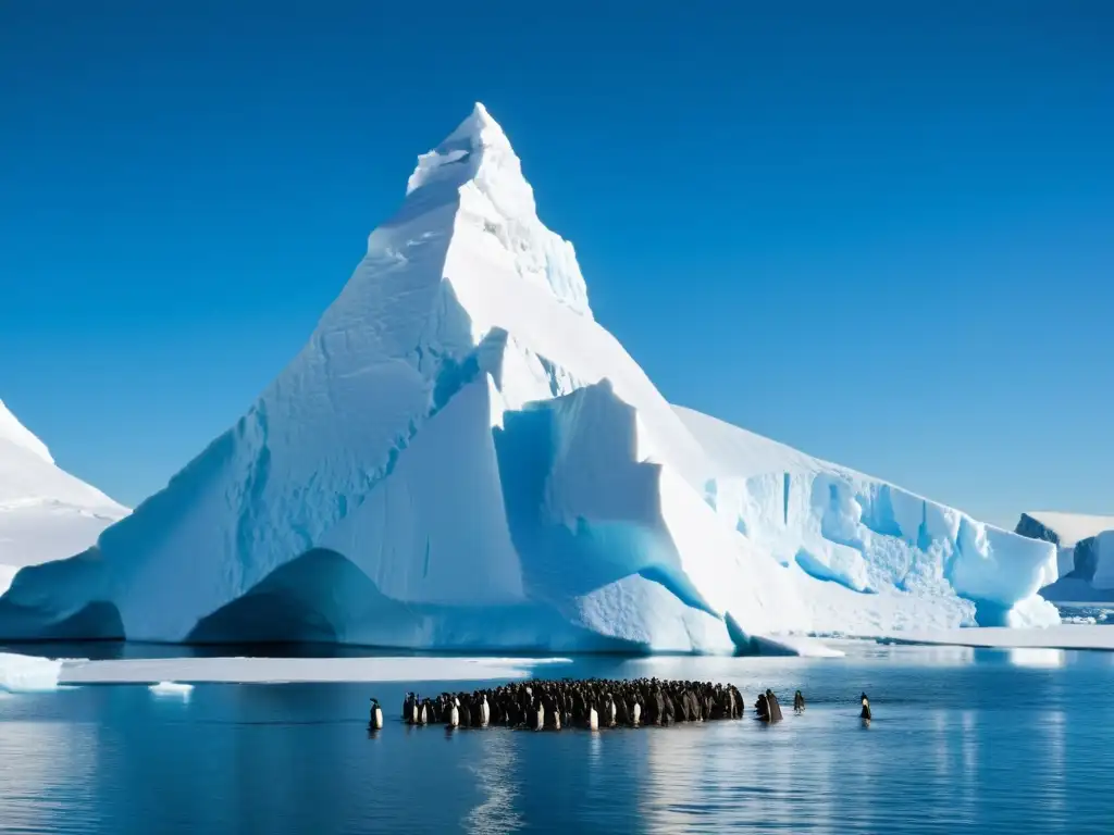 Un majestuoso iceberg se alza sobre las aguas heladas de la Antártida, con una colonia de pingüinos