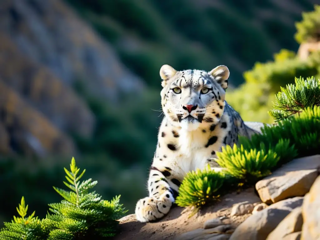 Un majestuoso leopardo de las nieves se camufla en su entorno montañoso con precisión asombrosa, mostrando el camuflaje en animales de montaña