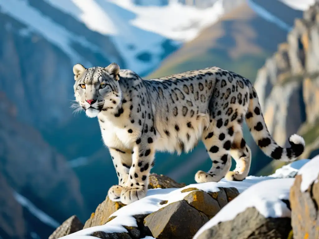 Un majestuoso leopardo de las nieves en su hábitat natural, reflejando la conservación de grandes mamíferos en ecosistemas de montaña