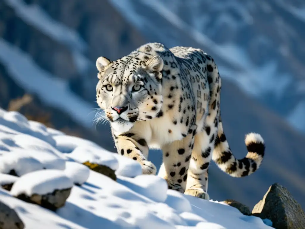 Un majestuoso leopardo de las nieves camina en su hábitat natural de montaña nevada, mostrando su fuerza y gracia