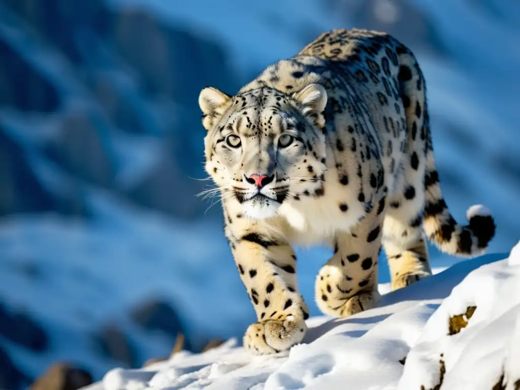 Un majestuoso leopardo de las nieves se desplaza sigilosamente por un terreno montañoso cubierto de nieve y rocas