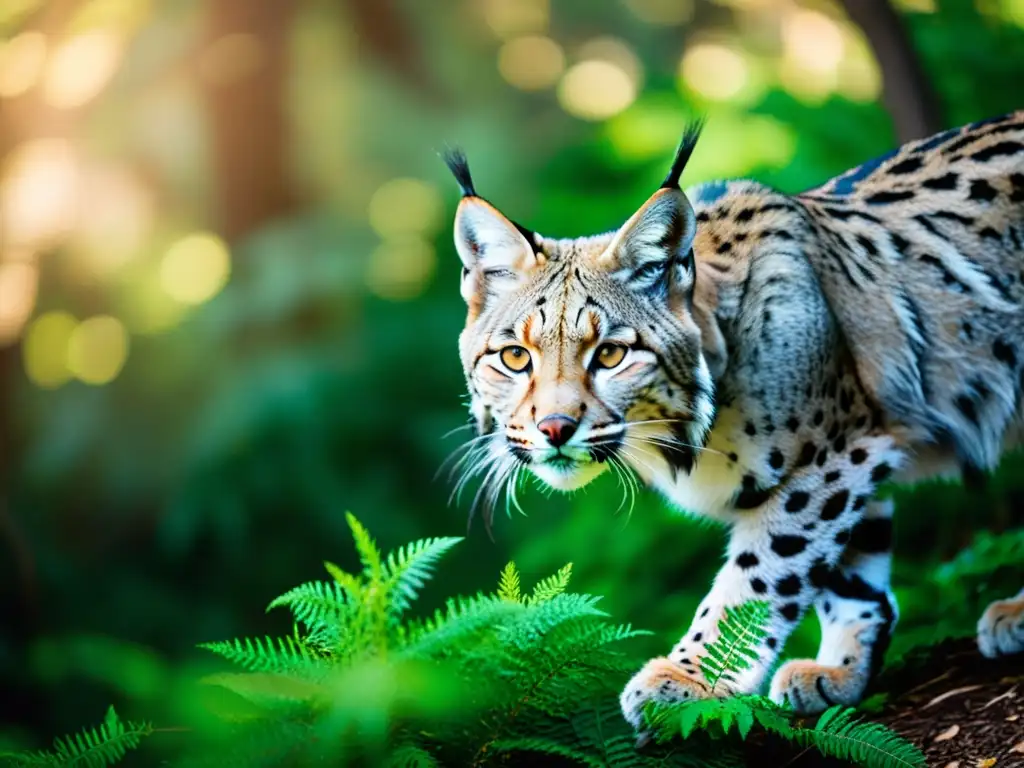 Un majestuoso lince ibérico se desliza entre la exuberante vegetación del bosque mediterráneo, destacando la importancia de la conservación del lince ibérico Mediterráneo