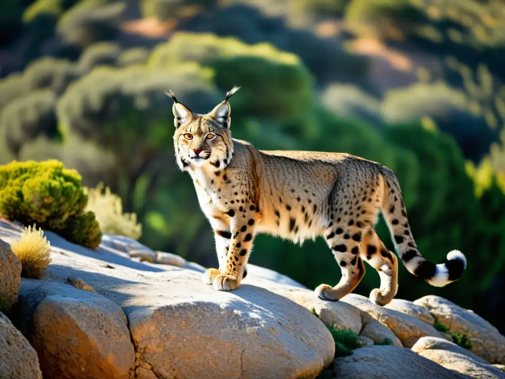 Un majestuoso lince ibérico en su hábitat natural mediterráneo, reflejando la esencia de las especies endémicas en la mitología mediterránea