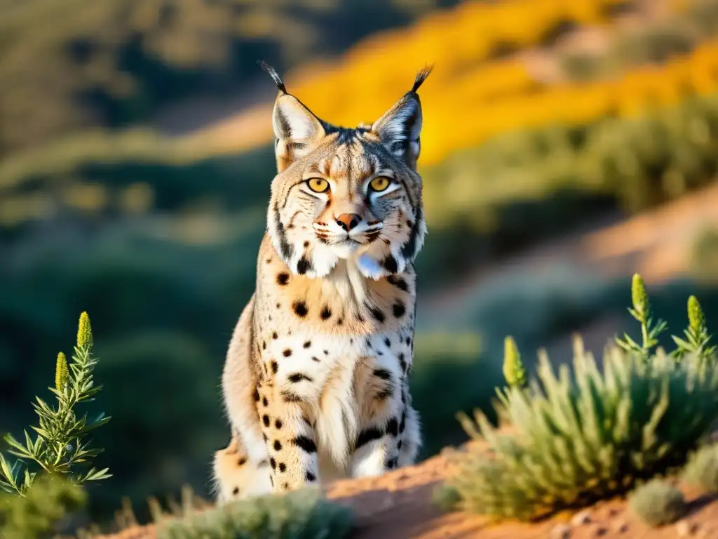 Un majestuoso lince ibérico se destaca en un paisaje mediterráneo, mostrando la conservación del lince ibérico Mediterráneo