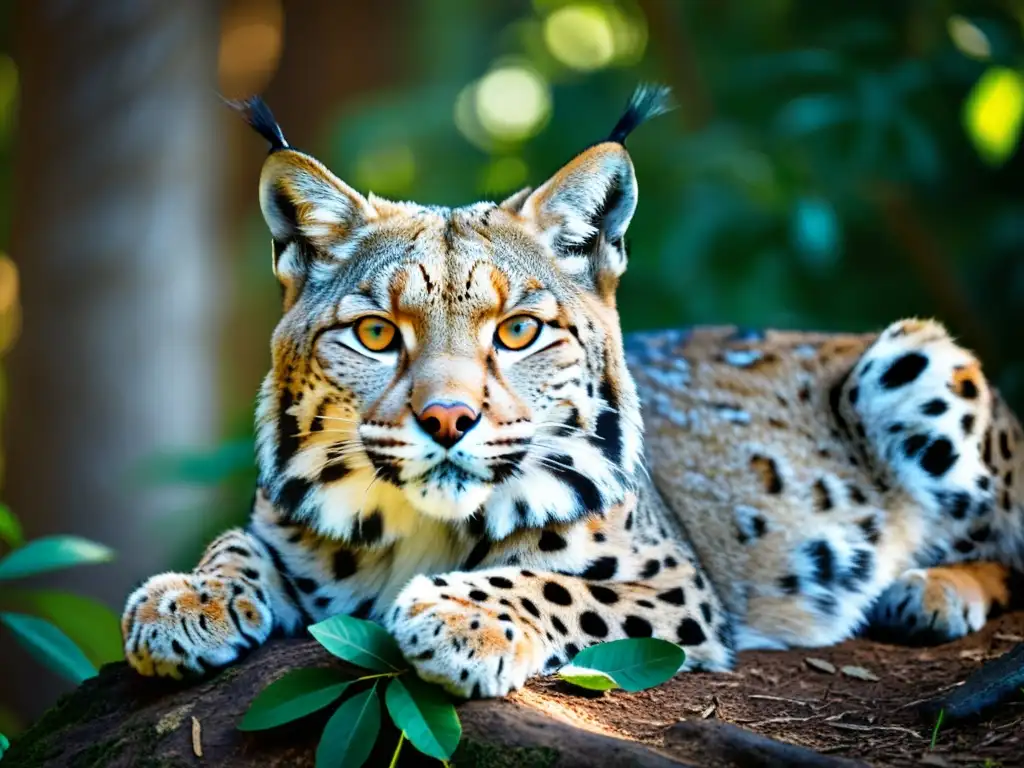 Un majestuoso lince ibérico descansa entre la luz del bosque mediterráneo, destacando la conservación del lince ibérico Mediterráneo