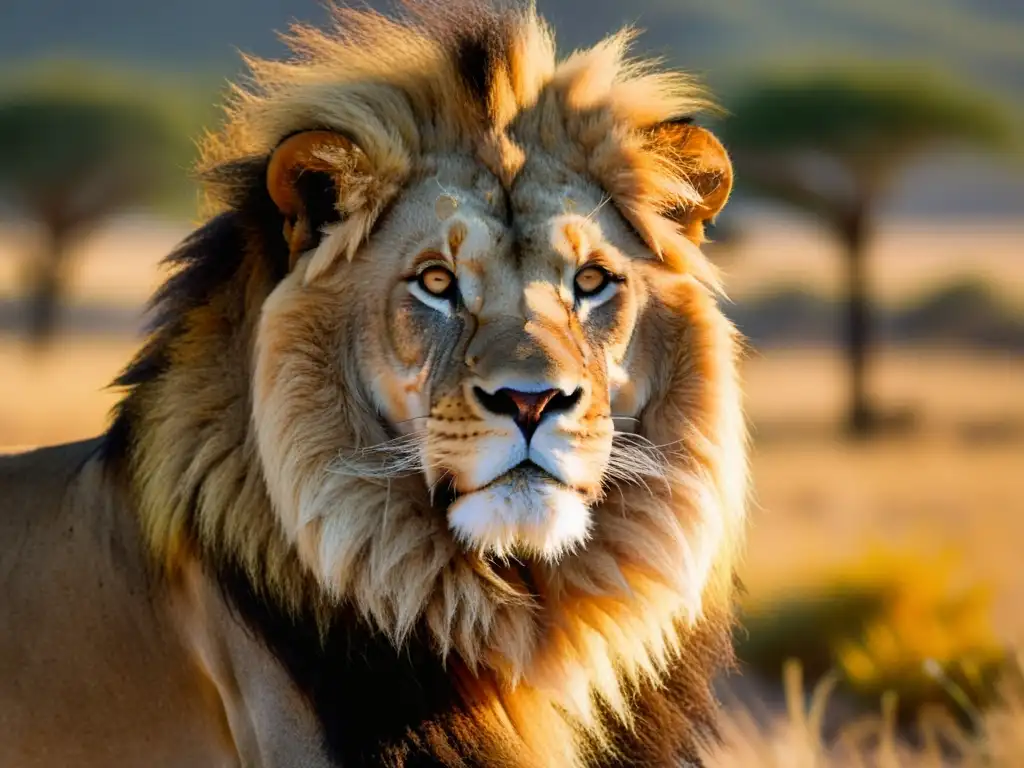 Un majestuoso león con su melena dorada iluminada por el cálido resplandor del atardecer en la vasta sabana africana