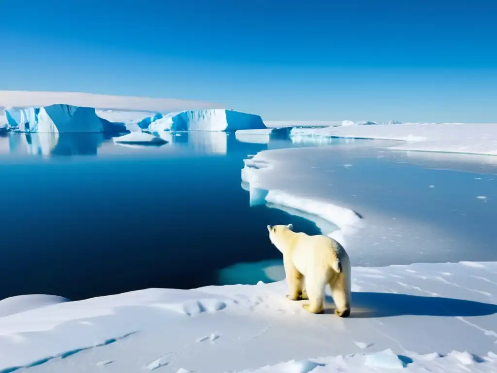 Un majestuoso oso polar contempla el horizonte en un paisaje helado, impactado por el cambio climático en ecosistemas polares