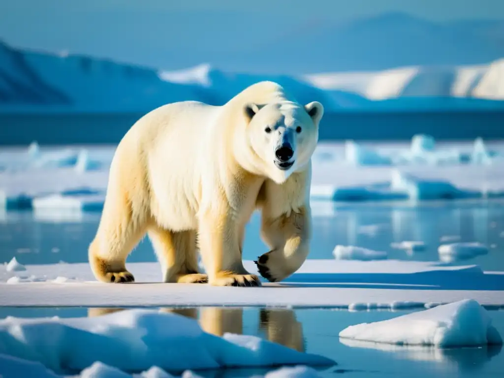 Un majestuoso oso polar camina en un paisaje helado, con su pelaje brillante y huellas profundas en la nieve