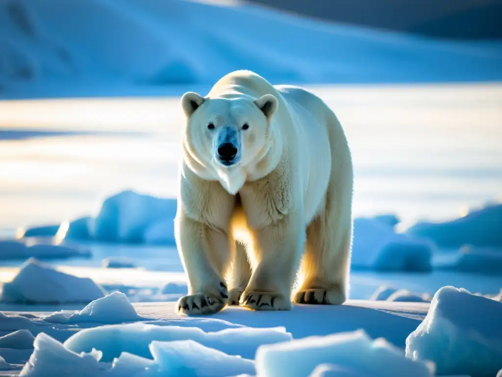 Un majestuoso oso polar de pie en el hielo, su pelaje brillante y sus ojos azules fijos en su presa