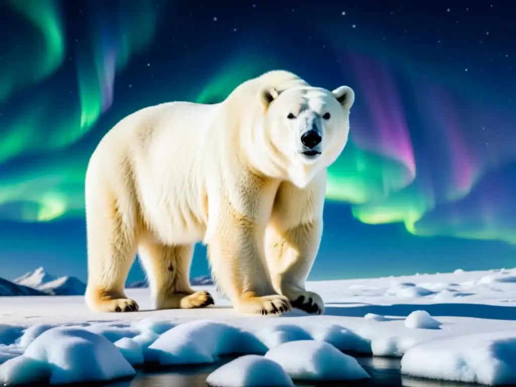 Un majestuoso oso polar camina grácilmente sobre un terreno helado, con las luces del norte brillando en el cielo nocturno