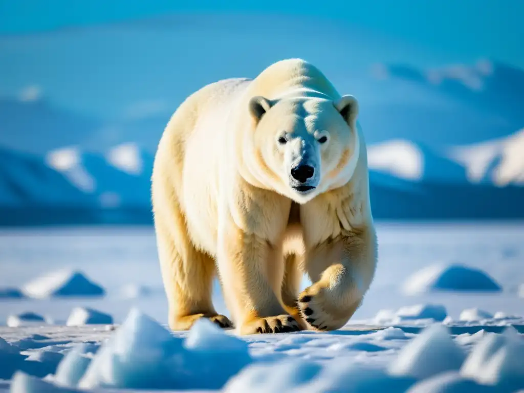 Un majestuoso oso polar recorriendo la tundra helada, con su pelaje brillante bajo el sol, en medio de fenómenos globales en el Ártico