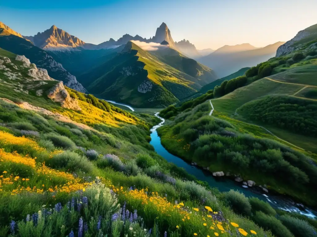 Majestuoso paisaje de montaña mediterránea con flora exuberante, arroyo cristalino y un atardecer dorado