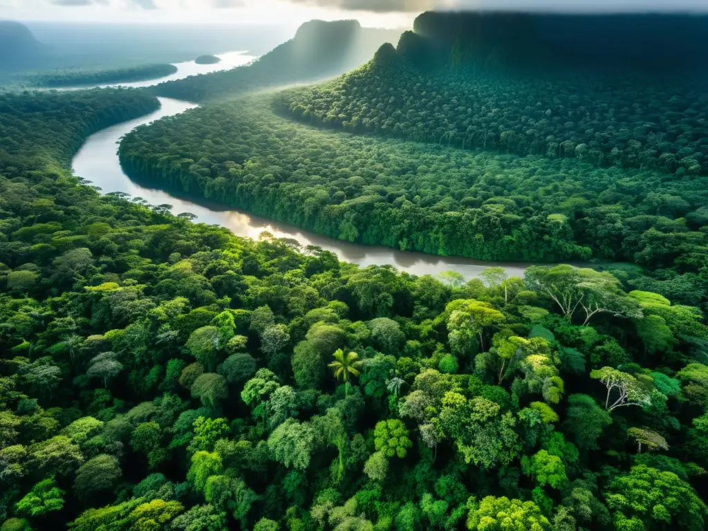 Un majestuoso paisaje de la selva tropical, con un dosel exuberante y el sol filtrándose entre la densa vegetación