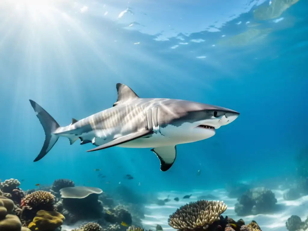 Un majestuoso predador marino surca un arrecife de colores en su ecosistema natural