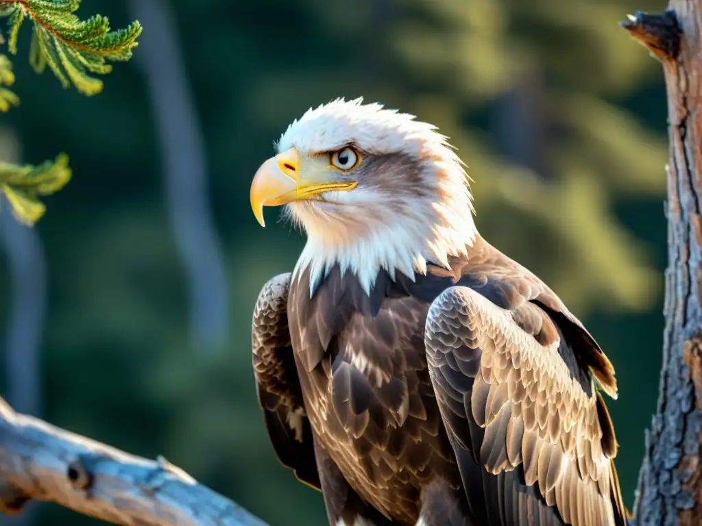 Un majestuoso águila calva sobre una rama, con sus ojos penetrantes fijos en el paisaje