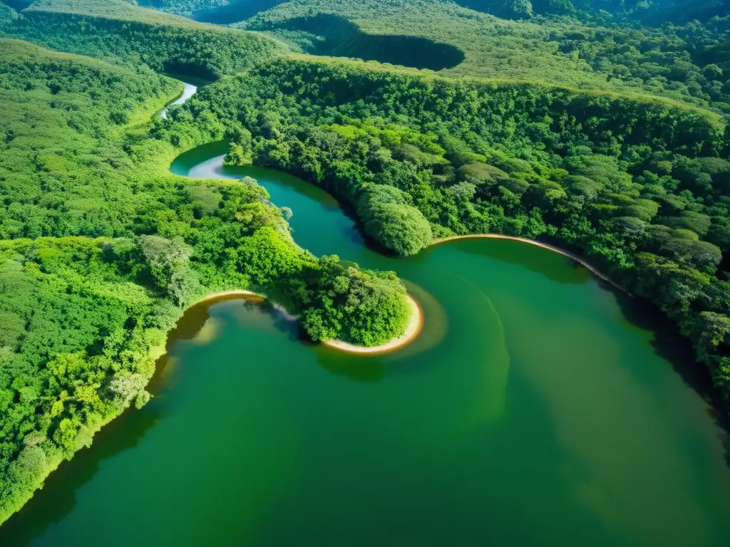 Un majestuoso río serpentea entre la exuberante selva, bañada por la luz del sol