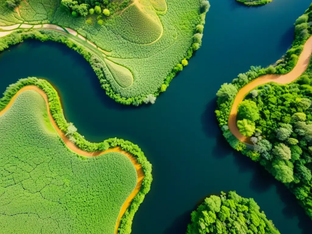 Un majestuoso río serpentea entre exuberante vegetación y terreno árido, mostrando la importancia de la gestión sostenible de recursos hídricos