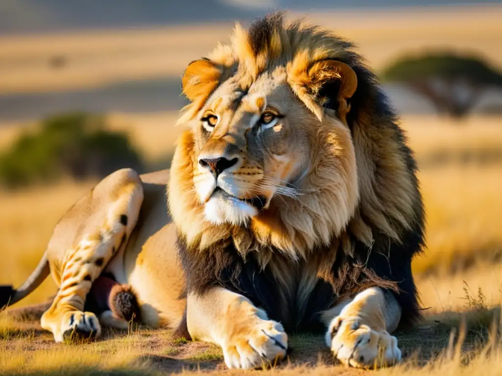 Un majestuoso león descansa en la sabana africana al atardecer, evocando la belleza y poder de África en lodges ecológicos