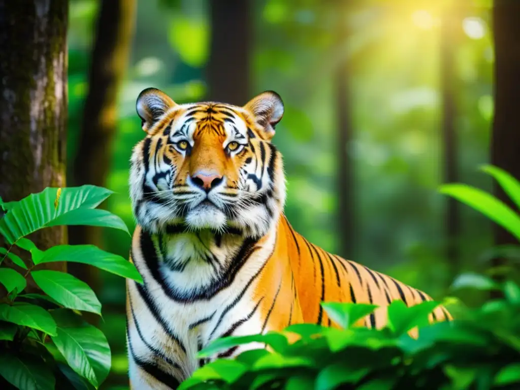 Un majestuoso tigre de Bengala destaca entre la exuberante vegetación, representando la conservación del Tigre de Bengala