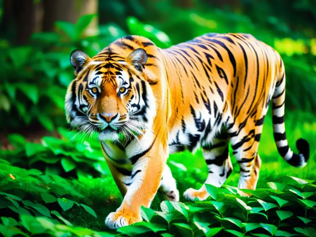 Un majestuoso tigre de Bengala se pasea entre un exuberante bosque verde