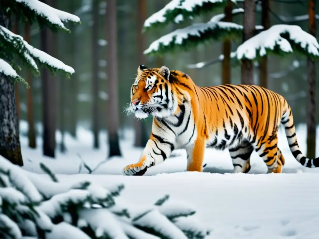 Un majestuoso tigre siberiano se desplaza sigilosamente por el denso bosque de taiga