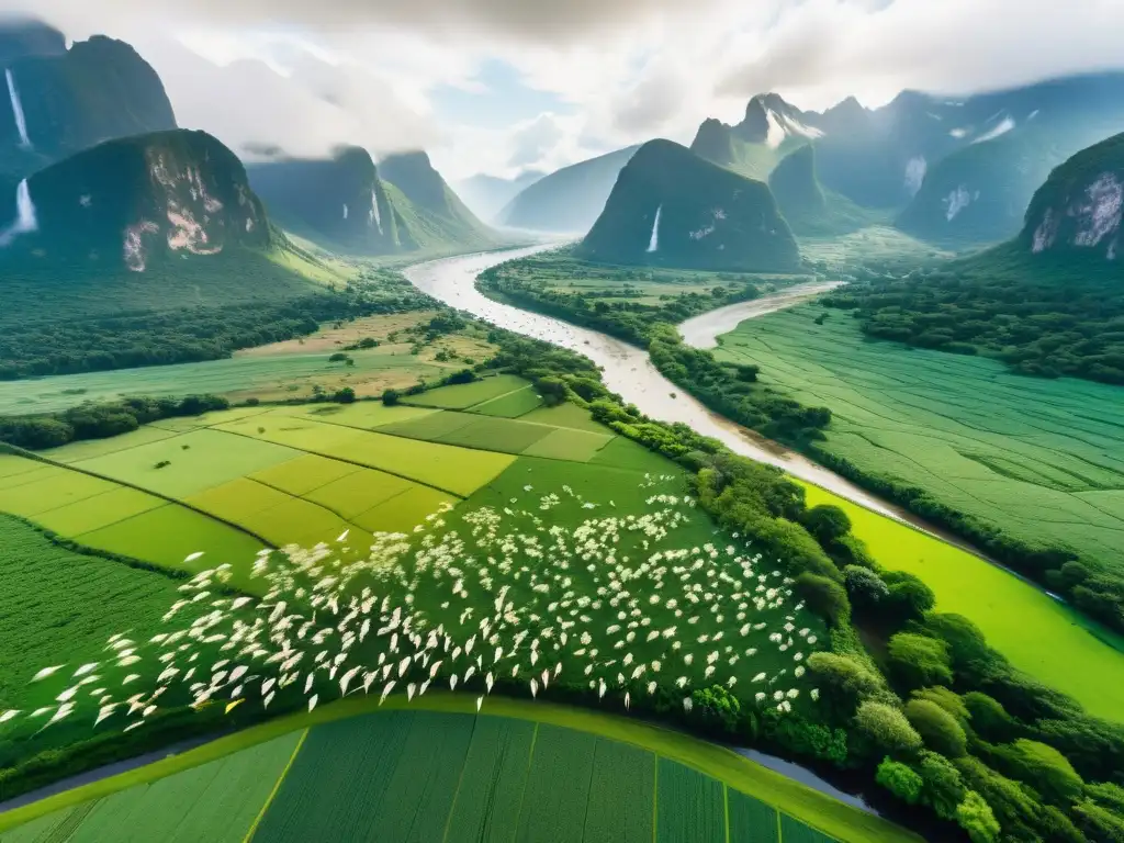 Un majestuoso vuelo de aves migratorias en formación de V sobre un paisaje exuberante