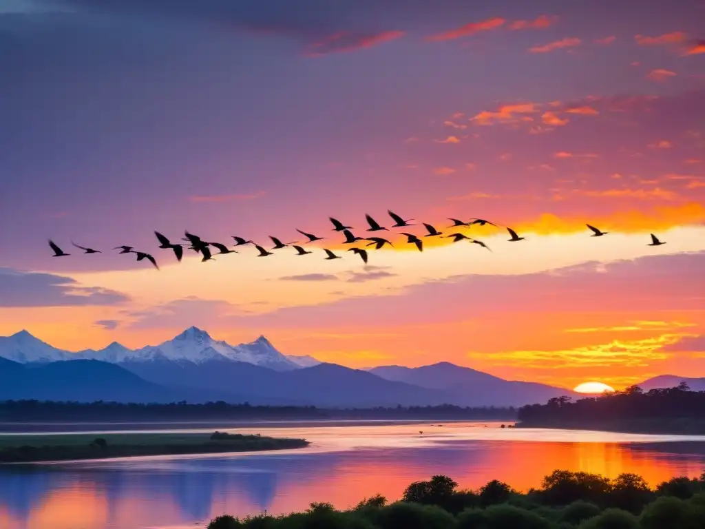 Un majestuoso vuelo de aves migratorias atraviesa el cielo al atardecer, mostrando la adaptabilidad de las especies frente al cambio climático