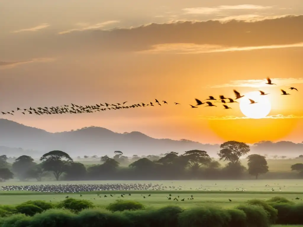 Un majestuoso vuelo de aves migratorias sobre un paisaje verde con el sol poniéndose al fondo