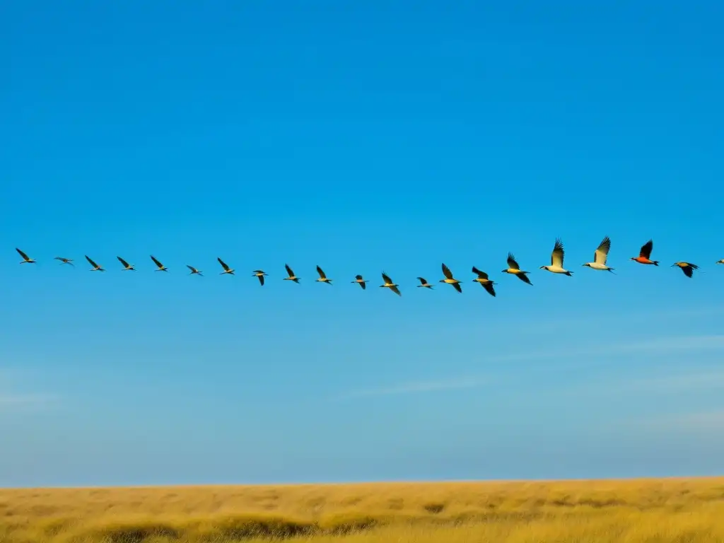 Un majestuoso vuelo de aves migratorias en formación V sobre la sabana dorada