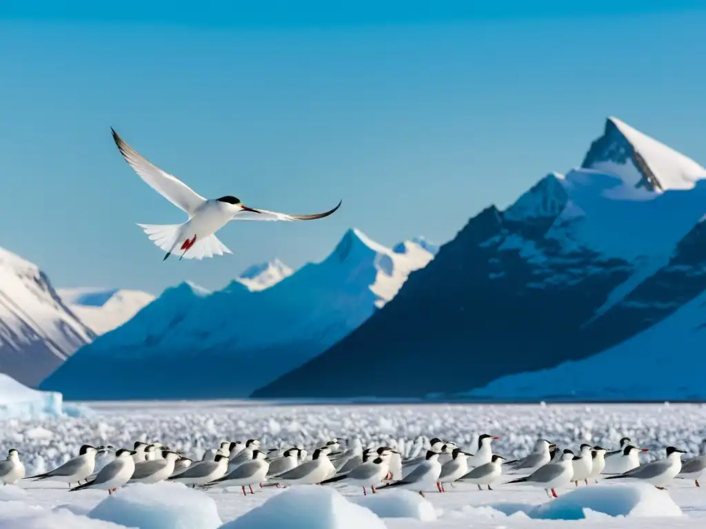 Un majestuoso vuelo de charranes árticos sobre el gélido paisaje polar