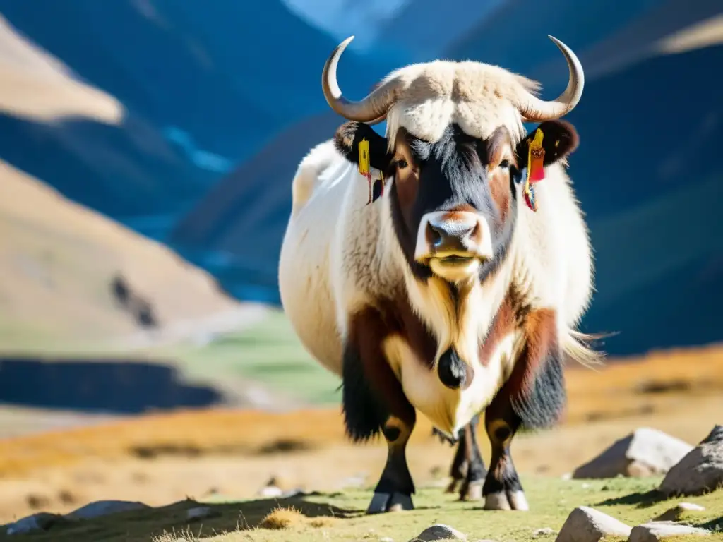 Un majestuoso yak de pelaje espeso contempla las altas montañas del Tíbet