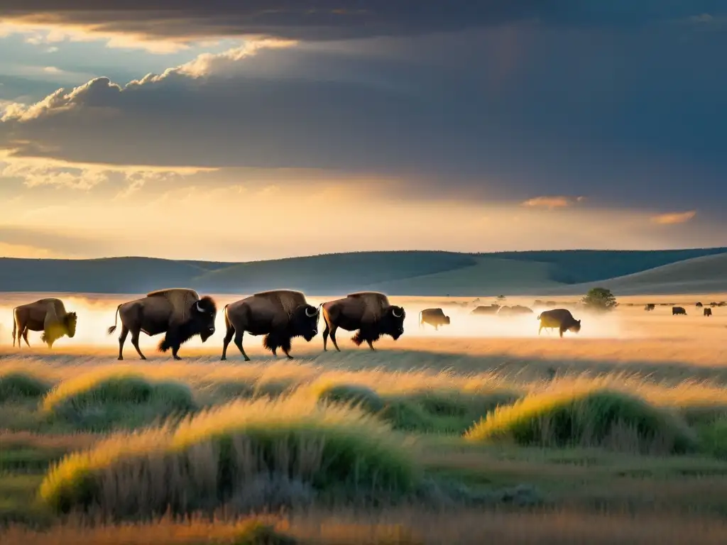 Manada de bisontes pastando en pradera bajo el atardecer dorado, mostrando la adaptación de ecosistemas pradera cambio climático