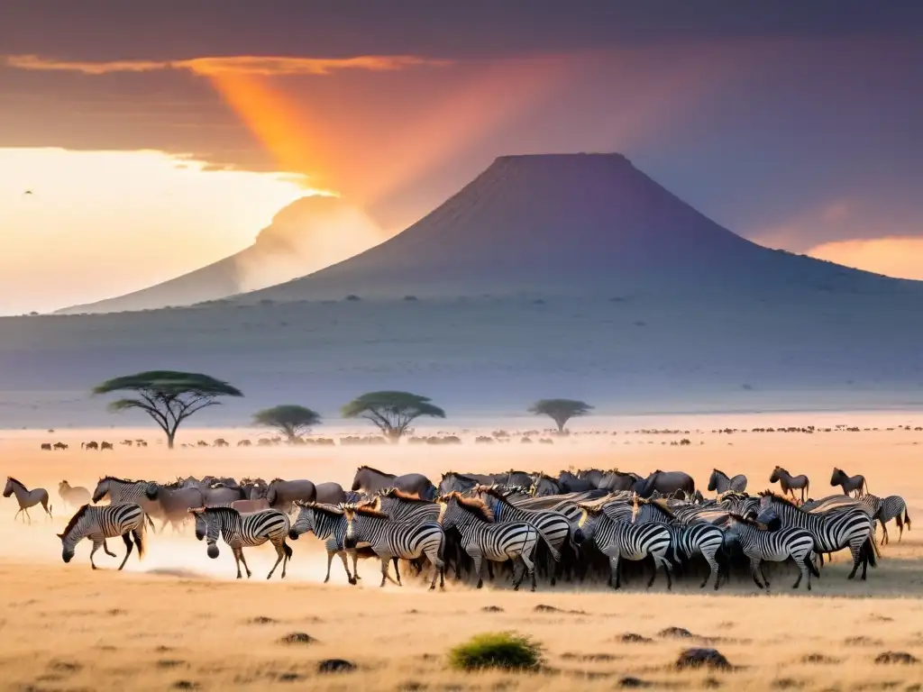 Manada de ñus y cebras migrando al atardecer en el Serengeti, con una luz dorada creando sombras largas