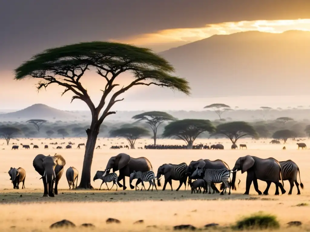 Manada de ñus y cebras migrando al amanecer en las llanuras del Serengeti, con elefantes pastando