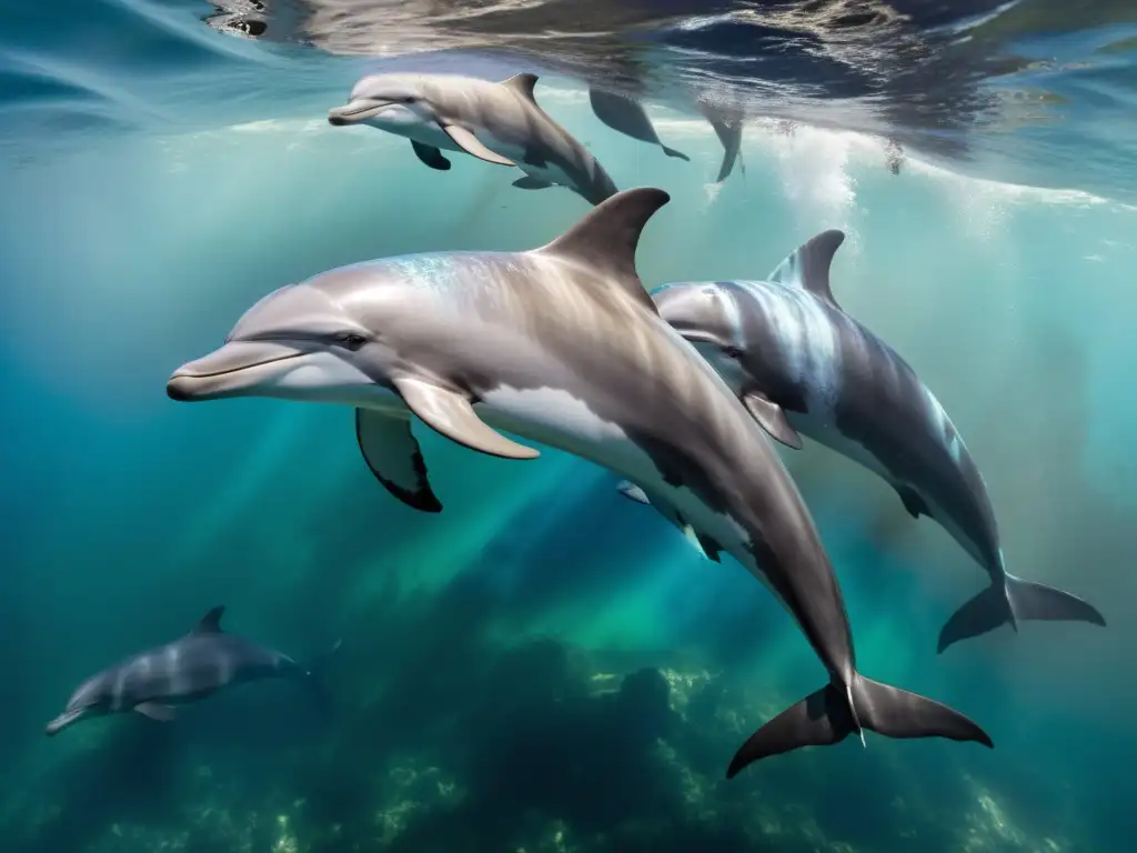 Delfines luchan en derrame de petróleo: impacto ambiental Manada de delfines luchando por escapar del impacto de un derrame de petróleo en el mar, cuerpos cubiertos de crudo