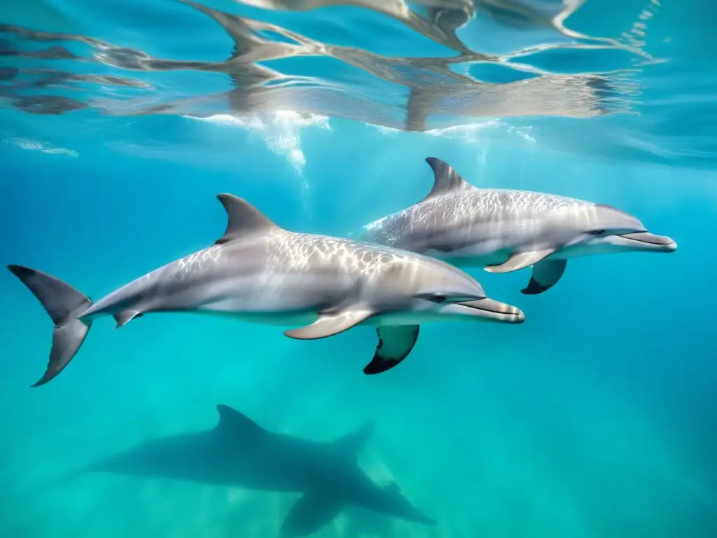 Manada de delfines nariz de botella nadando juntos en aguas turquesa cristalinas, destacando su complejo comportamiento social y su asombroso mundo marino