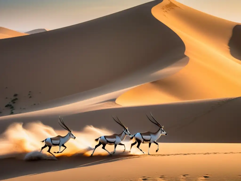 Manada de oryx árabes en el desierto al amanecer, vida silvestre en los Emiratos Árabes