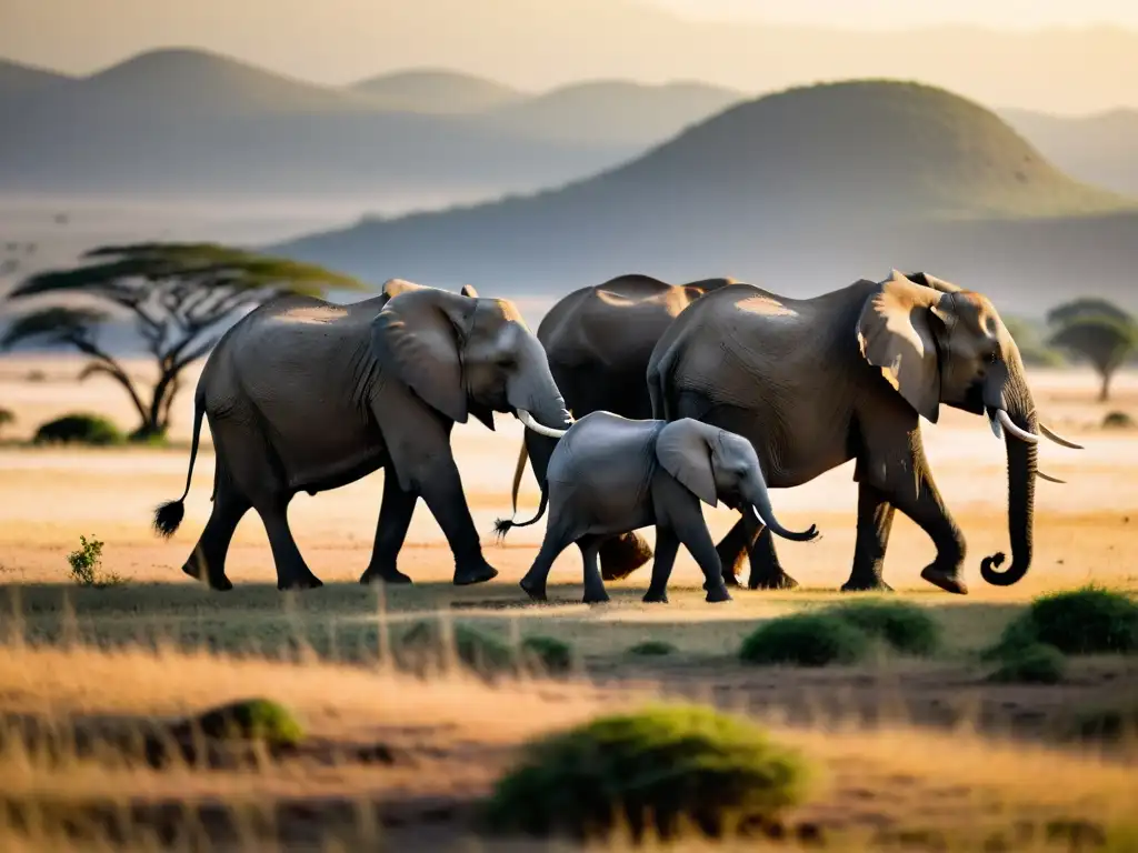 Una manada de elefantes pacíficamente pastando en la luz dorada de la sabana africana, en armonía con la exuberante vida del Serengeti