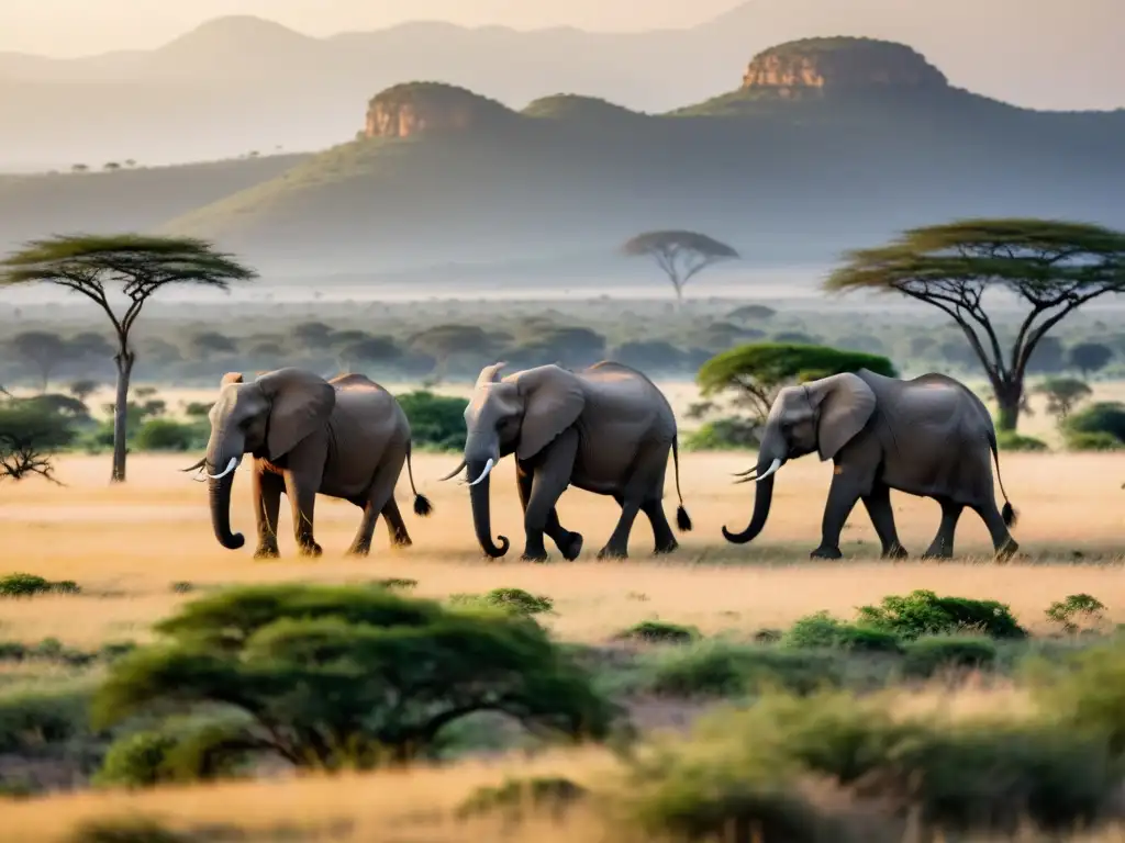 Manada de elefantes en paisaje africano dorado con flora diversa, lodges ecológicos África experiencia única