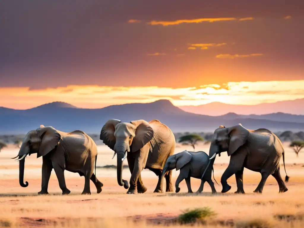 Una manada de elefantes cruza la sabana dorada al atardecer, en un safari fotográfico en la Sabana africana