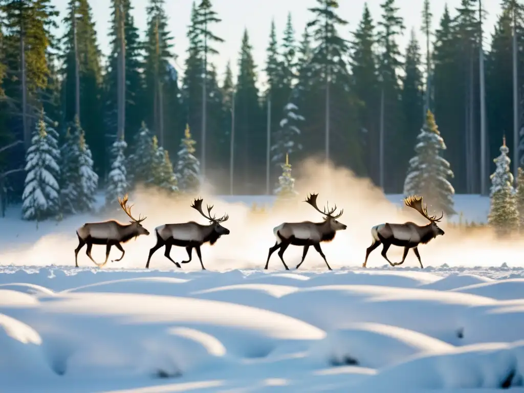 Manada de grandes herbívoros de la taiga recorriendo un paisaje nevado, con árboles altos y nieve fresca, un espectáculo de fuerza y belleza natural