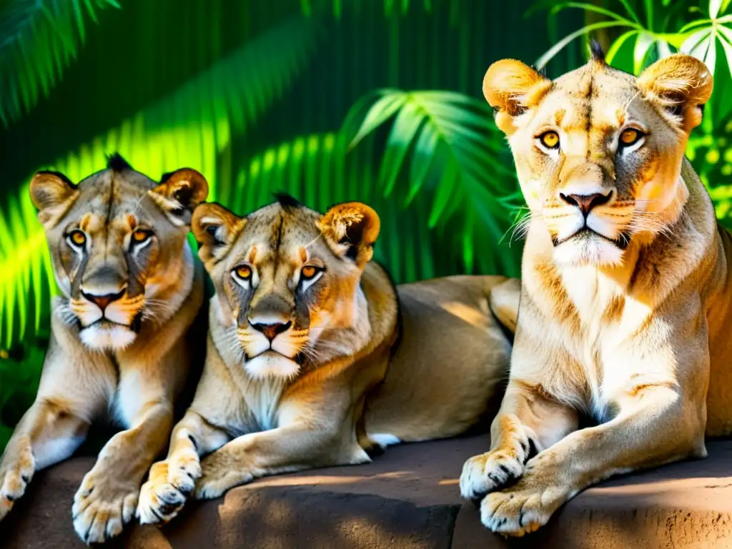 Una manada de leones asiáticos descansa entre la exuberante vegetación de la selva