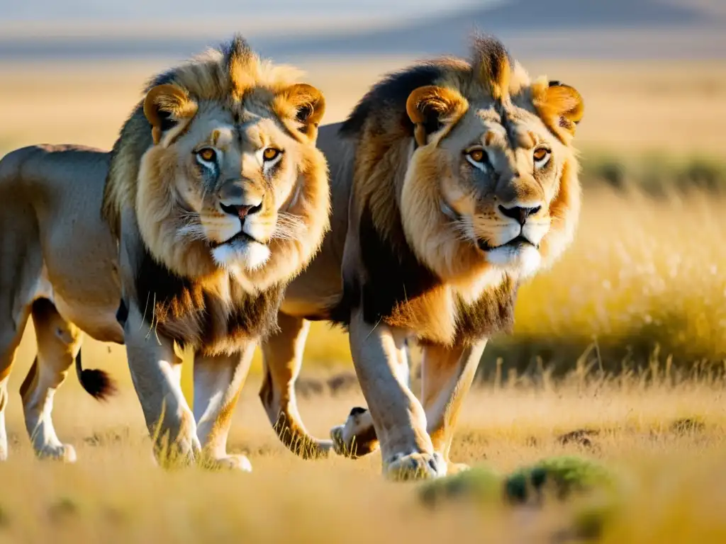 Manada de leones musculosos y elegantes, acechando en la sabana dorada