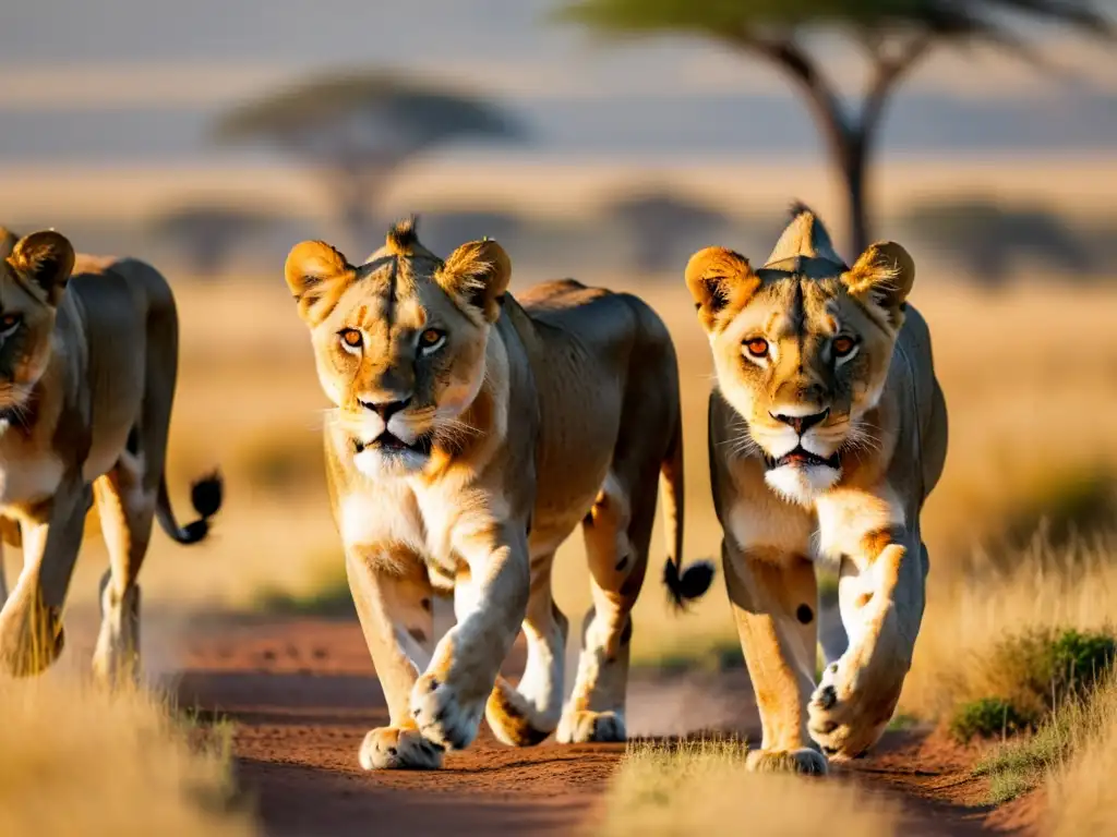 Una manada de leones cazando en la sabana dorada, mostrando cooperación en predadores sociales en una intensa caza al atardecer