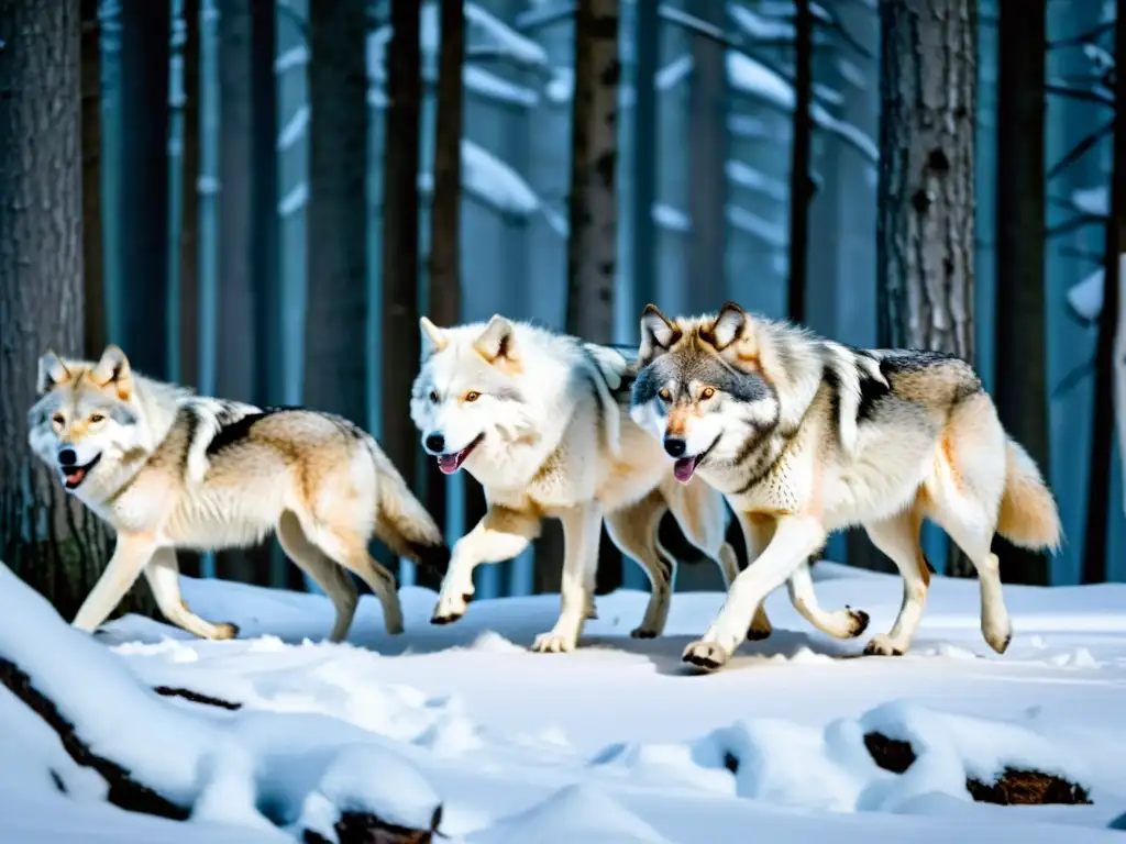 Manada de lobos blancos corriendo por el bosque nevado en una escena de influencia fauna narrativa aventurera