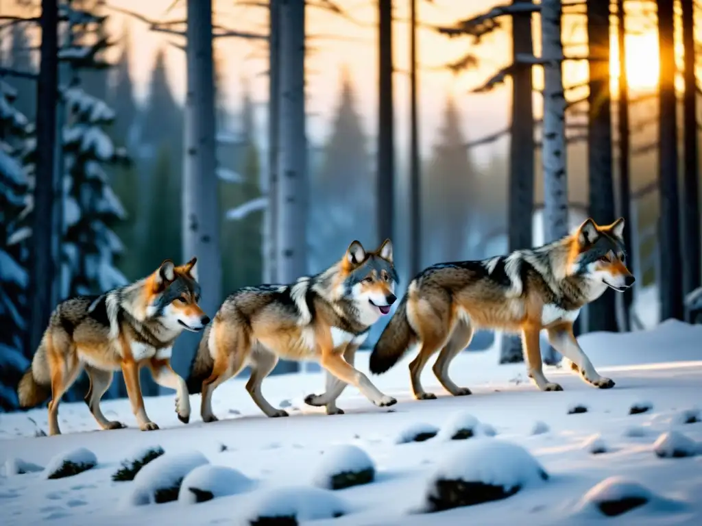 Una manada de lobos salvajes se desplaza sigilosamente por un bosque nevado al anochecer, transmitiendo poder y majestuosidad