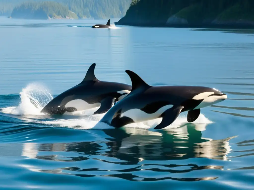 Una manada de orcas nadando graciosamente en aguas cristalinas, mostrando su comportamiento social en su hábitat natural en el océano