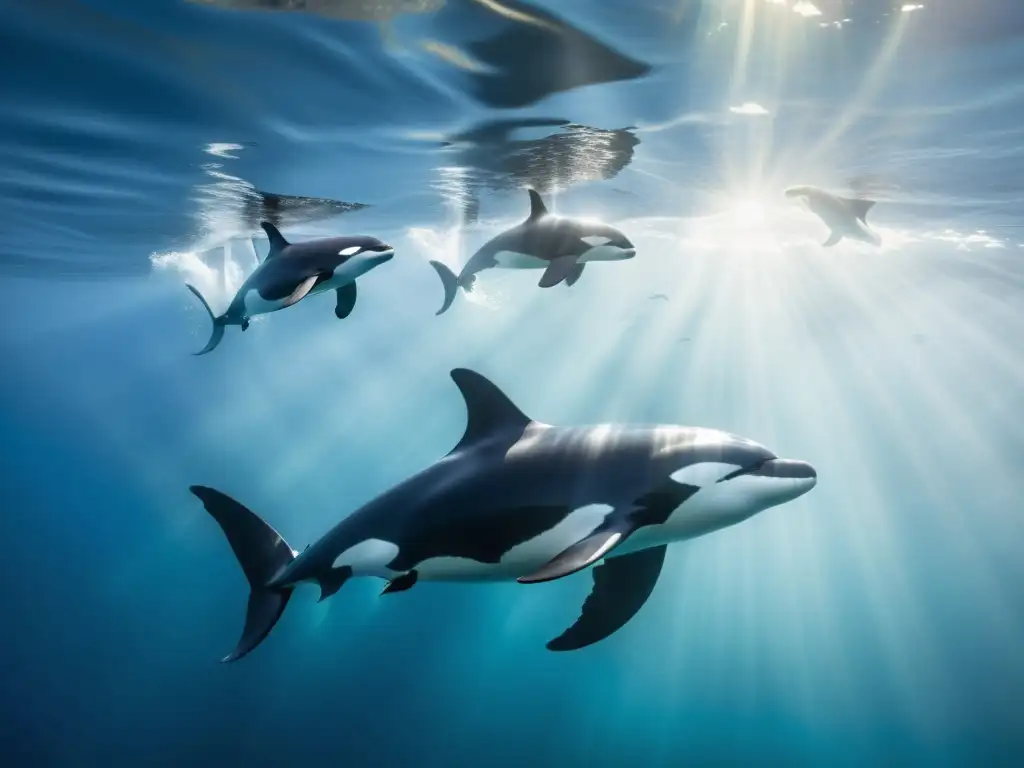 Manada de orcas realistas en el océano, mostrando comportamiento social animales marinos en un ambiente etéreo y poderoso