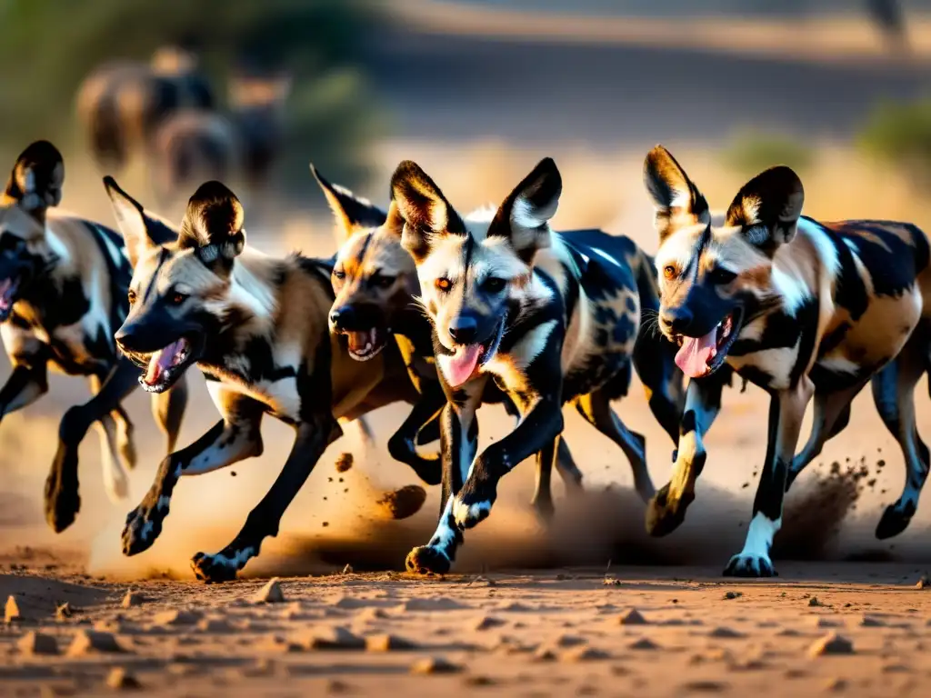 Manada de perros salvajes africanos en plena caza, demostrando la cooperación en predadores sociales