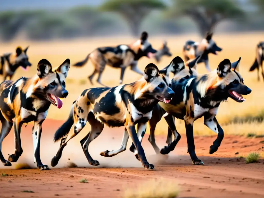 Manada de perros salvajes africanos cazando en la sabana, mostrando cooperación en predadores sociales